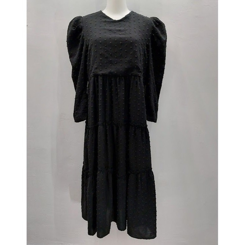 Ava & Lu Swiss Dot Tiered Midi Dress Women's XL Black Puff Sleeve Babydoll Goth